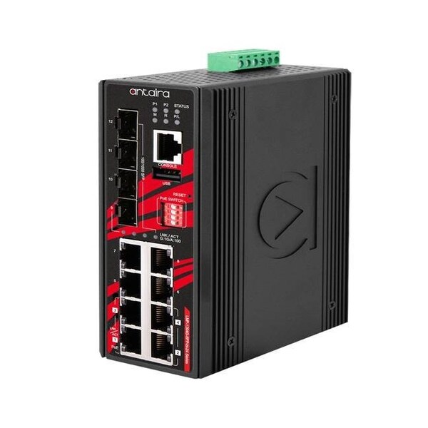 Antaira 12-Port Industrial Gigabit IEEE 802.3bt PoE+ Light Layer 3 Managed Ethernet Switch LMP-1204G-SFP-bt-24-T - main